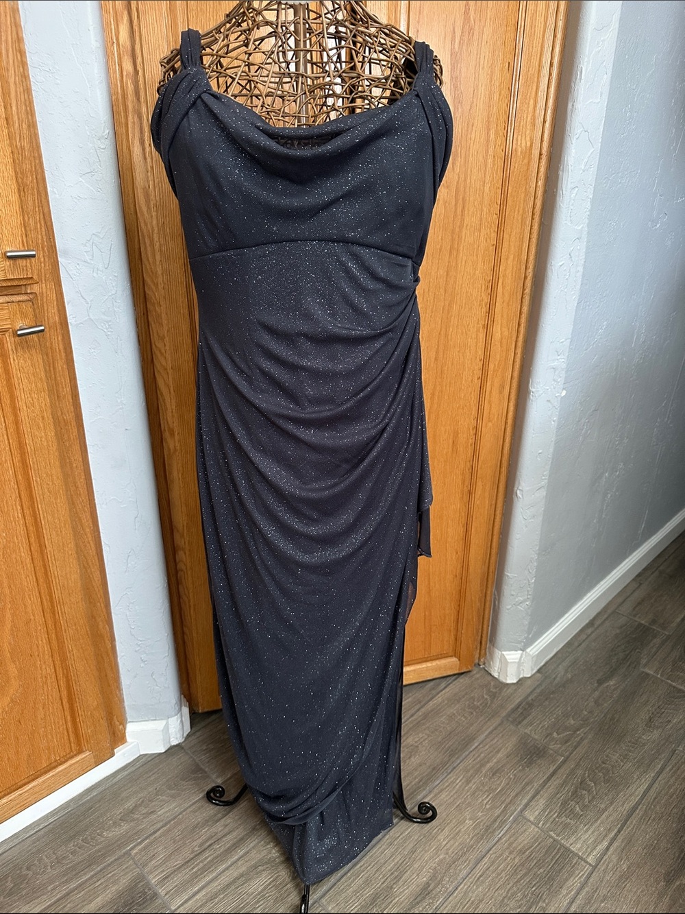 Alex Evenings Pewter Sparkle, Cold Shoulder Maxi Gown, Size 12P